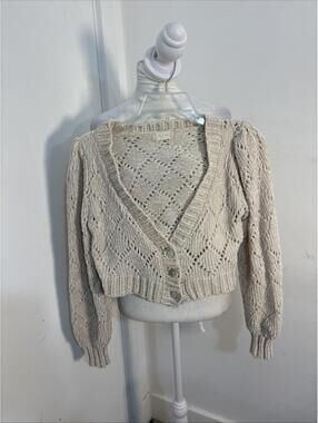 Altar'd State Cream Cropped Cardigan with Intricate Knit XS Mother Of Pearl